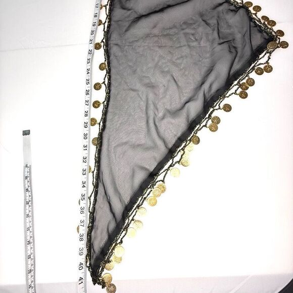 Sheer Black Triangle Head Scarf with Gold Coins – Bellydance or Festival Wrap - Picture 2 of 4